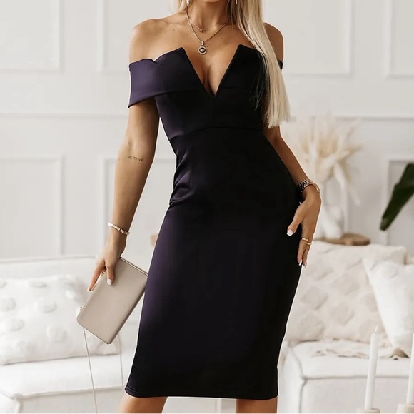 Elegant Off Shoulder Pencil Bodycon Midi Navy Dress - Picture 1 of 6